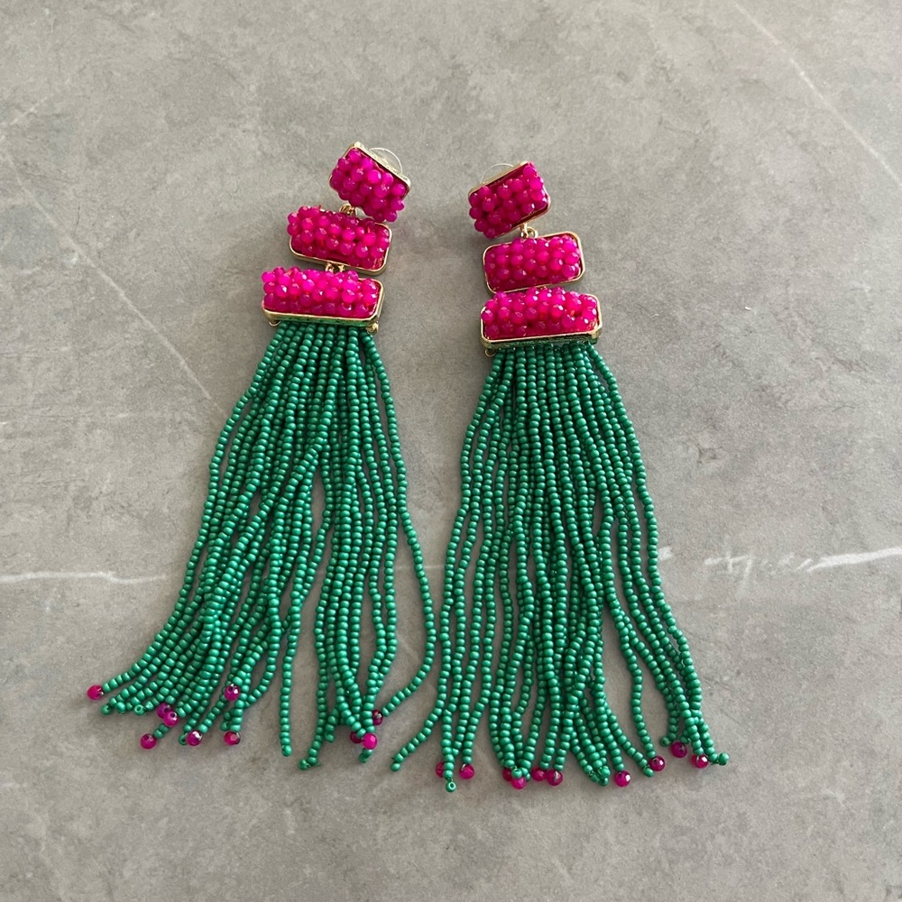 Green Tassel Earrings Rose Red Rectangles
